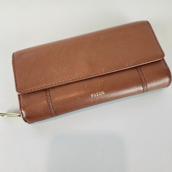 Fossil Jori Flap & Zippered Closure Wallet Brown Leather - Picture 1 of 7